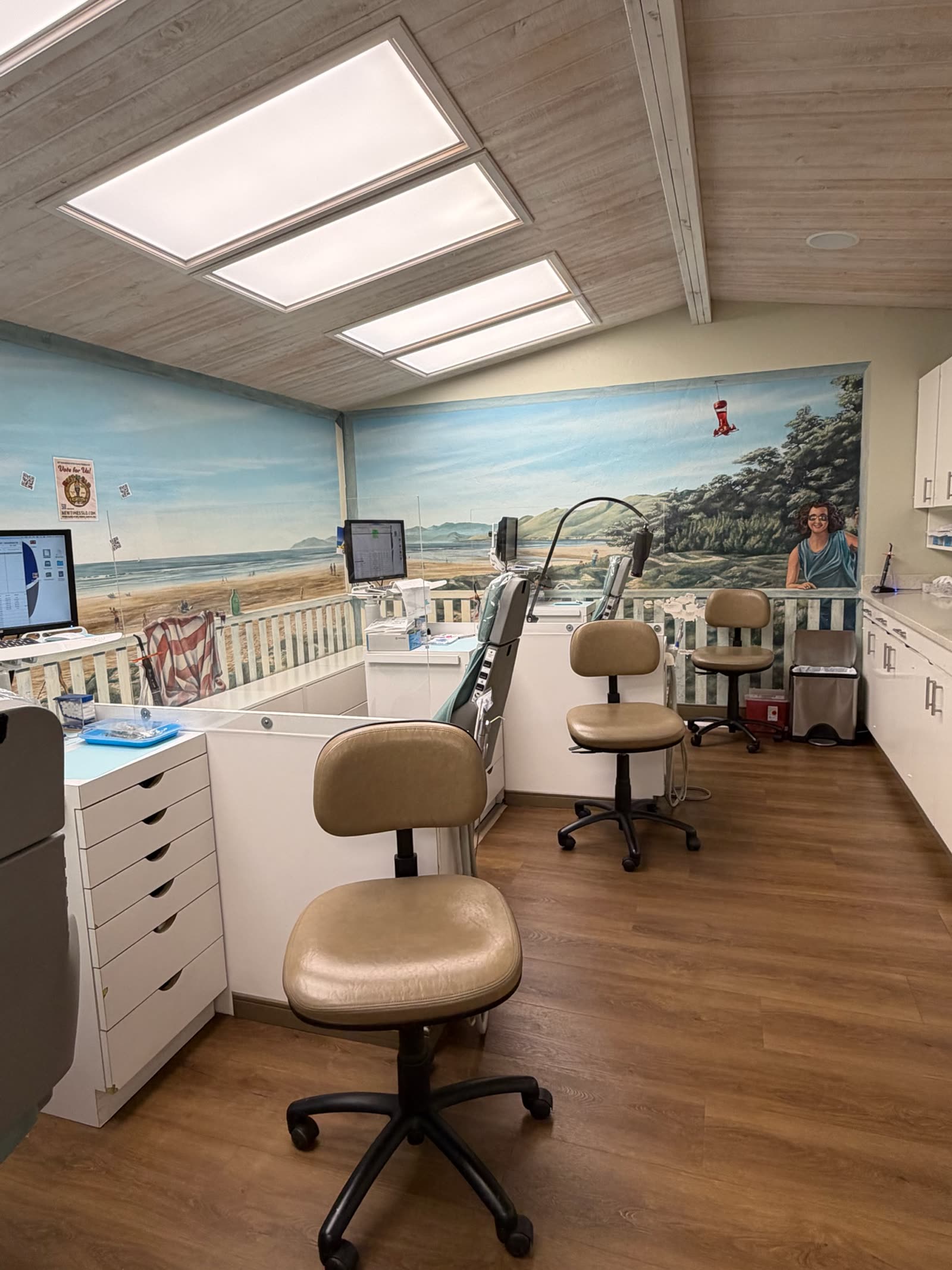 The treatment bay at the San Luis Obispo office, chairs in a row beneath a coastal mural.