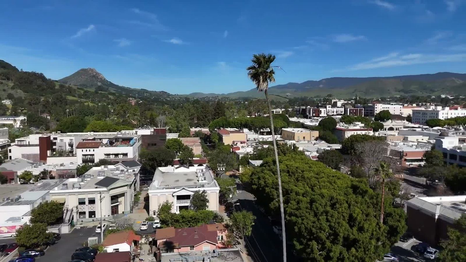 Downtown San Luis Obispo from above, with Cerro San Luis and Bishop Peak beyond.
